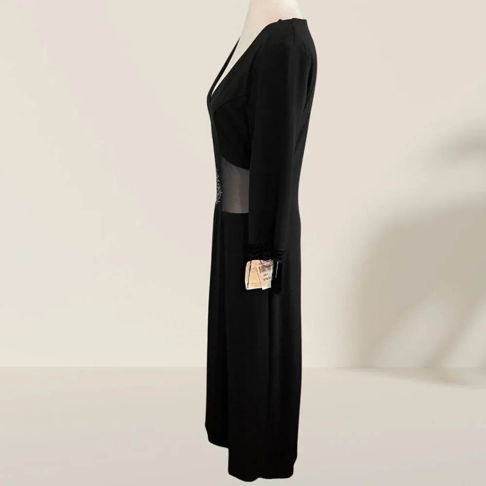 Vintage CDC Elegant Black Evening Gown with Sheer Mesh Panel & Fringe Sleeve